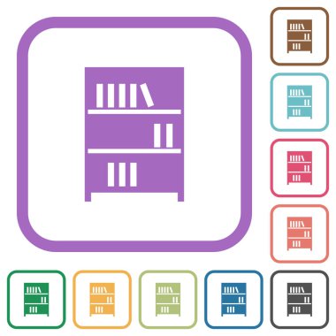 Kitaplarla dolu bir kitaplık. Beyaz arkaplanda basit renkli yuvarlak kare çerçeveler.