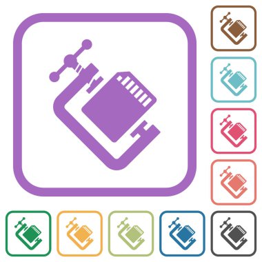 SD hafıza kartı, beyaz arkaplandaki renkli yuvarlak kare çerçevelerle basit simgeleri sıkıştırır