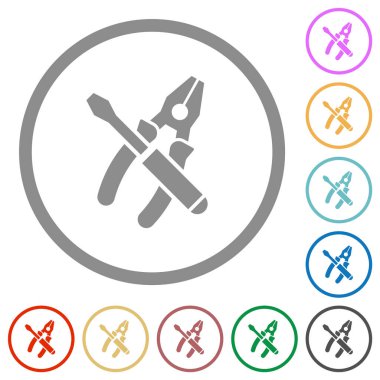 Beyaz arkaplanda yuvarlak çizgilerde birleştirilmiş pense ve tornavida düz renk simgeleri