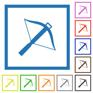 Beyaz arkaplanda kare çerçeveli arbalet düz renk simgeleri