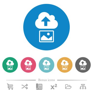 Resmi yuvarlak renk arkaplanındaki düz beyaz simgelere yükle. 6 bonus simgesi dahil.