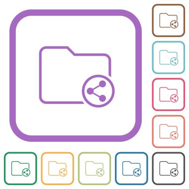 Dizin paylaşım ana hatları beyaz arkaplanda renkli yuvarlak kare çerçeveler içinde basit simgeler