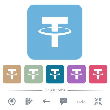 Renkli yuvarlak kare arkaplan üzerine dijital kripto para birimi beyaz düz simgeler bağlayın. 6 bonus simgesi dahil