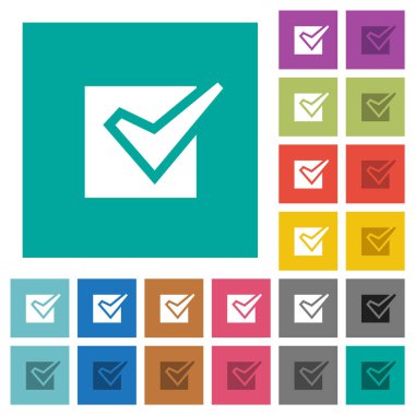 Sade kare arkaplanlarda çok renkli düz simgeler işaretlendi. Uçan veya etkin efektler için beyaz ve koyu simge varyasyonları.