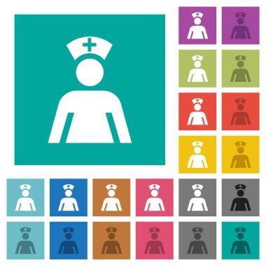 Düz kare arka planda çok renkli hemşire simgeleri. Uçan veya etkin efektler için beyaz ve koyu simge varyasyonları.