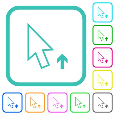 Beyaz arkaplan üzerinde eğri kenarlıklarda ok imleci ana hatları üzerinde canlı renkli düz simgeler