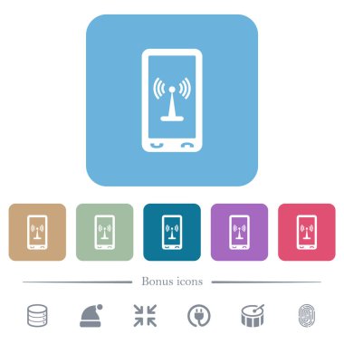 Renkli yuvarlak kare arkaplan üzerinde gezici sıcak nokta beyaz düz simgeler. 6 bonus simgesi dahil