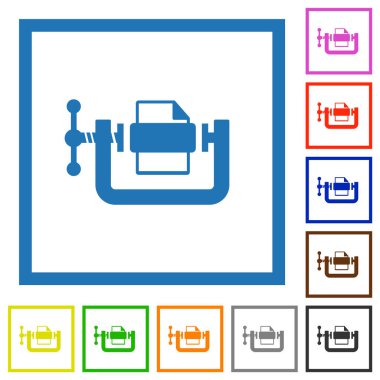 Beyaz arkaplan üzerindeki kare çerçevelerde dosya sıkıştırma katı düz renk simgeleri