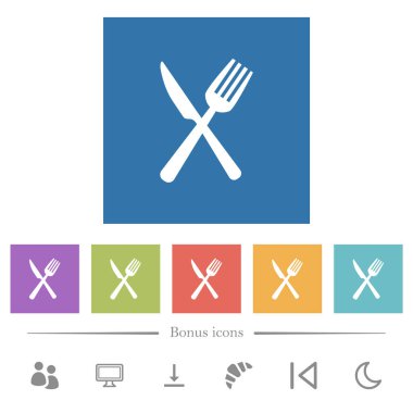 Çatal ve bıçak kesişen pozisyonlarda kare arkaplanda düz beyaz simgeler. 6 bonus simgesi dahil.