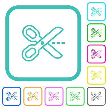 Beyaz arkaplan üzerinde eğri kenarlıklarda makas anahatlarıyla canlı renkli düz simgeler kes