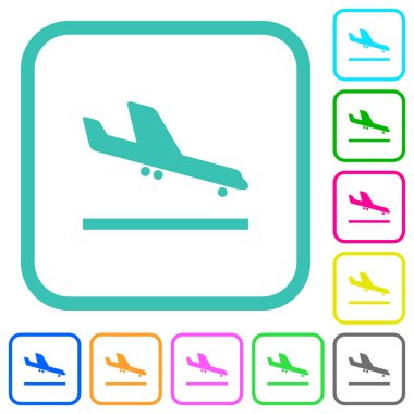 Beyaz zemin üzerinde kıvrımlı sınırlara canlı renkli düz simgeler inen uçaklar