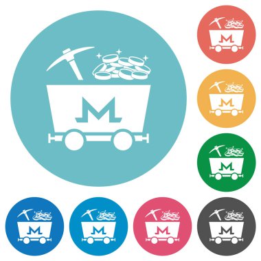 Monero kripto para birimi madenciliği. Düz beyaz simgeler ve yuvarlak renkli arka planlar.