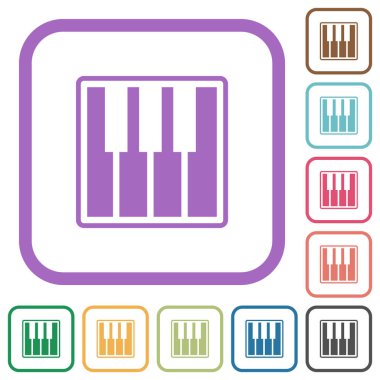 Piyano klavyesi beyaz arkaplanda renkli yuvarlak kare çerçeveler halinde basit simgeleri değiştirir