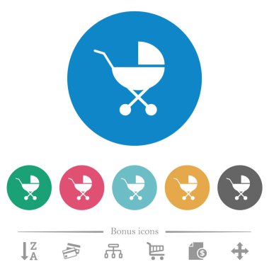 Bebek arabası düz beyaz simgeler ve yuvarlak renkli arka planlar. 6 bonus simgesi dahil.