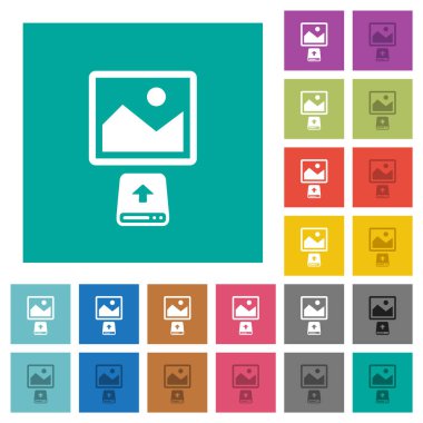 Sade kare arkaplanındaki çok renkli düz simgelerden resim yükle. Uçan veya etkin efektler için beyaz ve koyu simge varyasyonları.