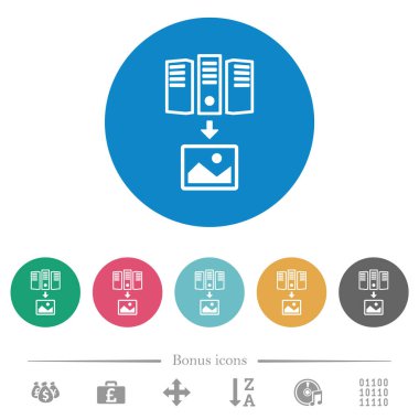 Yuvarlak renk arkaplanındaki düz beyaz simgelerden resim indir. 6 bonus simgesi dahil.