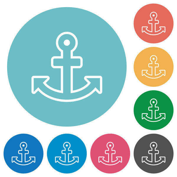 Anchor outline flat white icons on round color backgrounds