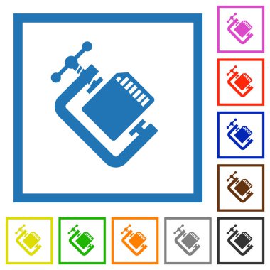 SD hafıza kartı, beyaz arkaplanda kare çerçevelerde katı düz renk simgelerini sıkıştırır