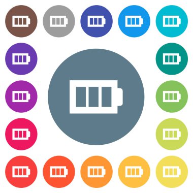 Dolu batarya ve üç adet düz beyaz simge yuvarlak renkli arka planda. 17 arkaplan renk varyasyonu dahil.