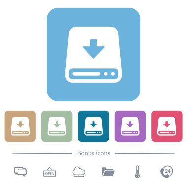 Renkli yuvarlak kare arkaplan üzerindeki sabit diskteki beyaz düz simgelere yükle. 6 bonus simgesi dahil