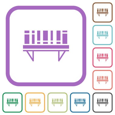 Kitaplarla dolu bir kitaplık. Beyaz arkaplanda basit renkli yuvarlak kare çerçeveler.