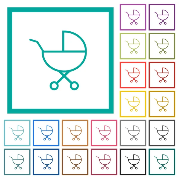 Babywagen Omtrek Platte Kleur Pictogrammen Met Kwadrant Frames Witte Achtergrond — Stockvector