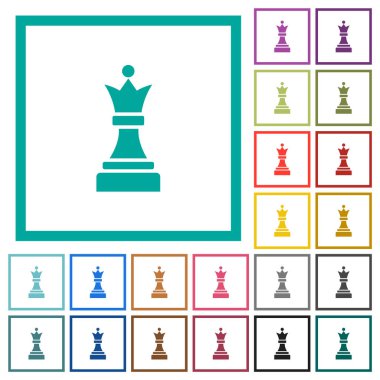 Beyaz arkaplanda çeyrek çerçeveli siyah satranç kraliçesi düz renk simgeleri