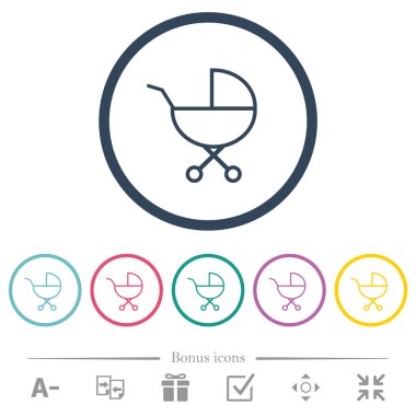 Bebek arabası yuvarlak hatlı düz renkli simgeler çiziyor. 6 bonus simgesi dahil.