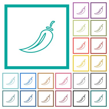 Beyaz arkaplanda çeyrek çerçeve olan kırmızı biber ana hatlı düz renk simgeleri