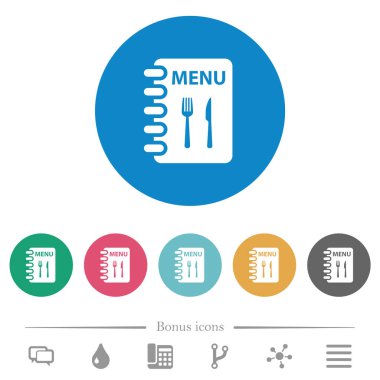 Çatallı ve bıçaklı beyaz simgeli yuvarlak renkli menüler. 6 bonus simgesi dahil.