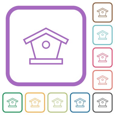 Kuş besleyici ana hatları beyaz arkaplan üzerinde renkli yuvarlak kare çerçeveler basit simgeler