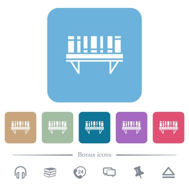 Renkli yuvarlak kare arka planlarda düz beyaz simgelerle dolu kitaplık. 6 bonus simgesi dahil