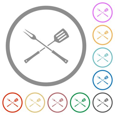 Mangal çatalı ve spatula çapraz konumda düz renk simgeleri beyaz arkaplanda yuvarlak hatlarda