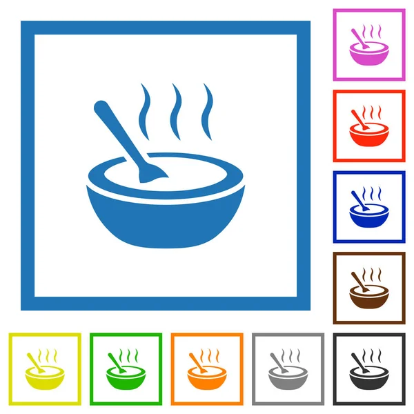 Steaming Bowl Soup Spoon Flat Color Icons Square Frames White — Vetor de Stock