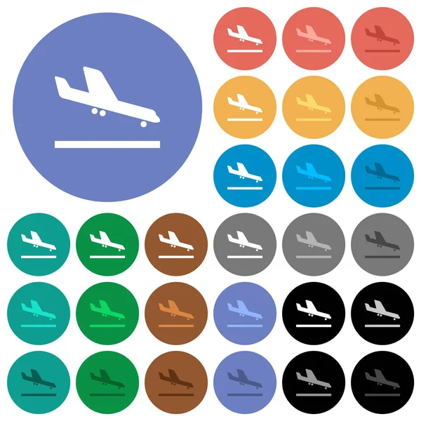 Avião Pouso Multi Colorido Ícones Planos Fundos Redondos Incluído Branco — Vetor de Stock