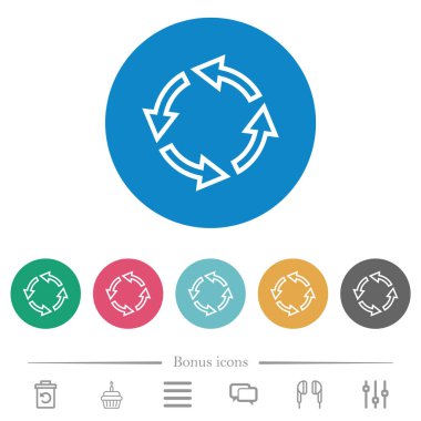 Yuvarlak renkli arka planlarda düz beyaz simgeleri sola doğru döndür. 6 bonus simgesi dahil.