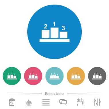 Dış numaralar, yuvarlak renkli arka planda düz beyaz simgelerle kazanan podyum. 6 bonus simgesi dahil.