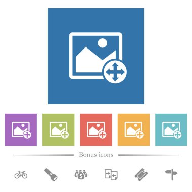 Resim düz beyaz simgeleri kare arkaplanlarda taşı. 6 bonus simgesi dahil.