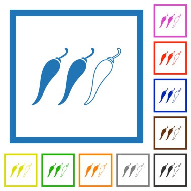 Beyaz arkaplanda kare çerçeveli baharatlı kırmızı biber seviyesi düz renk simgeleri