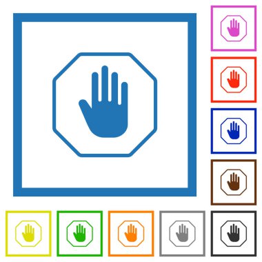 Sekizgen şekilli dur işareti ana hatları düz renk simgeleri beyaz arkaplan üzerindeki kare çerçeveler