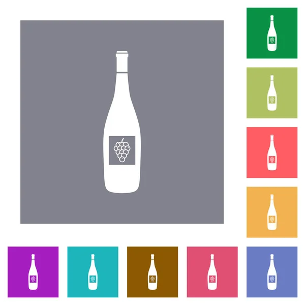 Botella Vino Con Iconos Planos Uvas Sobre Fondos Cuadrados Color — Vector de stock