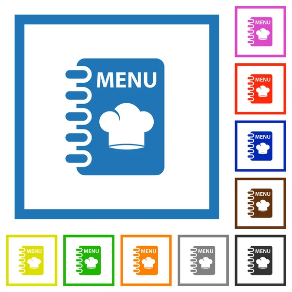 Menu Chef Hat Flat Color Icons Square Frames White Background — Stock Vector