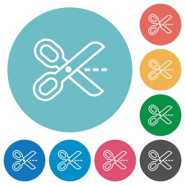 Makas ile kesme düz beyaz simgeler yuvarlak renk arkaplan üzerinde ana hatları