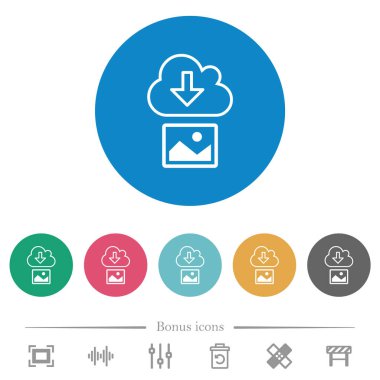 Görüntü, yuvarlak renk arkaplanındaki düz beyaz simgelerden indirilsin. 6 bonus simgesi dahil.