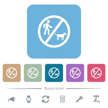 Renkli kare arka planlarda beyaz yassı ikonlar yürüten köpek yok. 6 bonus simgesi dahil