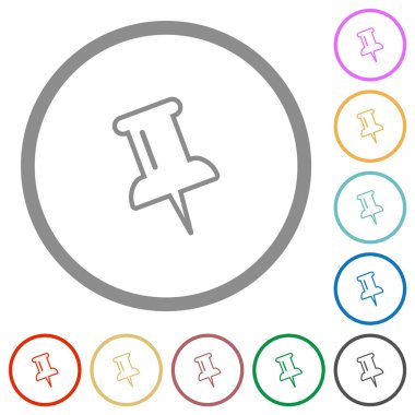 Beyaz arkaplanda yuvarlak çizgilerde pin ana hatlı düz renk simgelerine bas