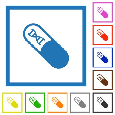Beyaz arkaplanda kare çerçevelerde DNA molekülü düz renk simgelerine sahip ilaç