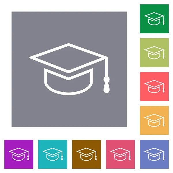 Graduation Cap Outline Flat Icons Simple Color Square Backgrounds — Stock Vector