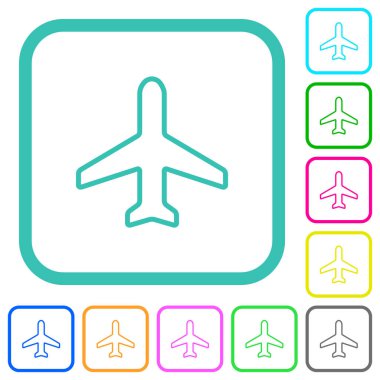 Beyaz zemin üzerinde eğimli sınırlarda uçağın üst görünümü canlı renkli düz simgeler