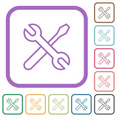 Çapraz anahtar ve tornavida ana hatları beyaz arkaplan üzerinde renkli yuvarlak kare çerçeveler basit simgeler çizer